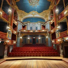 Wnętrze teatru z czerwonymi fotelami i złotymi zdobieniami. Idealne miejsce na wieczorne wyjście na spektakl, na co do teatru w Łodzi.