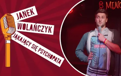 Janek Wolańczyk, stand up komik, w swoim występie "Jąkający się psychopata".