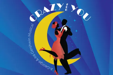 Para tańcząca na tle księżyca i gwiazd, z napisem "Crazy For You".