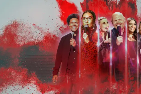 Grupa amerykańskich komików stand up, w tym Trevor Noah, Bill Burr i inni, gotowi rozbawić publiczność.