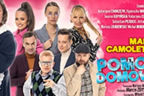 Plakat teatralny z grupą aktorów w stylizowanych strojach, w centrum napis "POMOC DOMOWA".