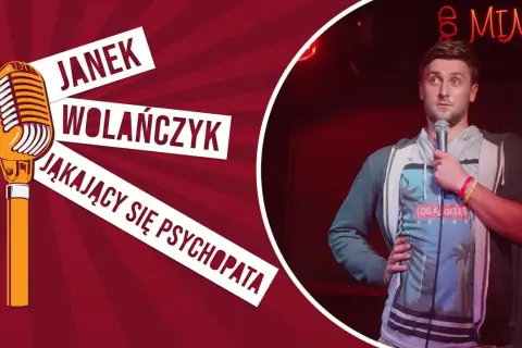 Janek Wolańczyk, stand up komik, w swoim występie "Jąkający się psychopata".