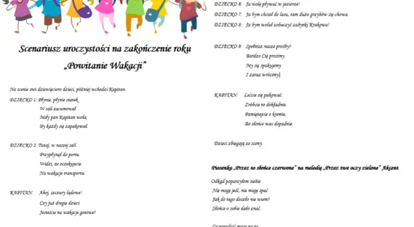 Scenariusz uroczystości na zakończenie roku „Powitanie Wakacji” z piosenką.