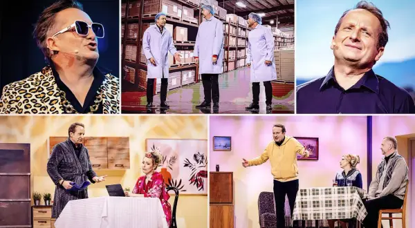 Kabaret Moralnego Niepokoju: zabawne scenki z życia, od magazynu po domowe perypetie.