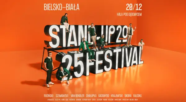 Artyści na tle napisu "STAND UP FESTIVAL 2029". Dowiedz się, ile trwa stand up i kto wystąpi w Bielsku-Białej 20/12.