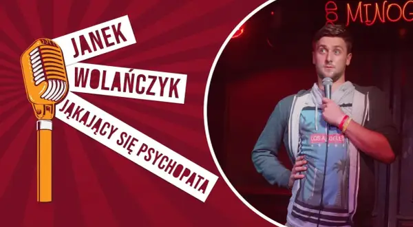 Janek Wolańczyk, stand up komik, w swoim występie "Jąkający się psychopata".