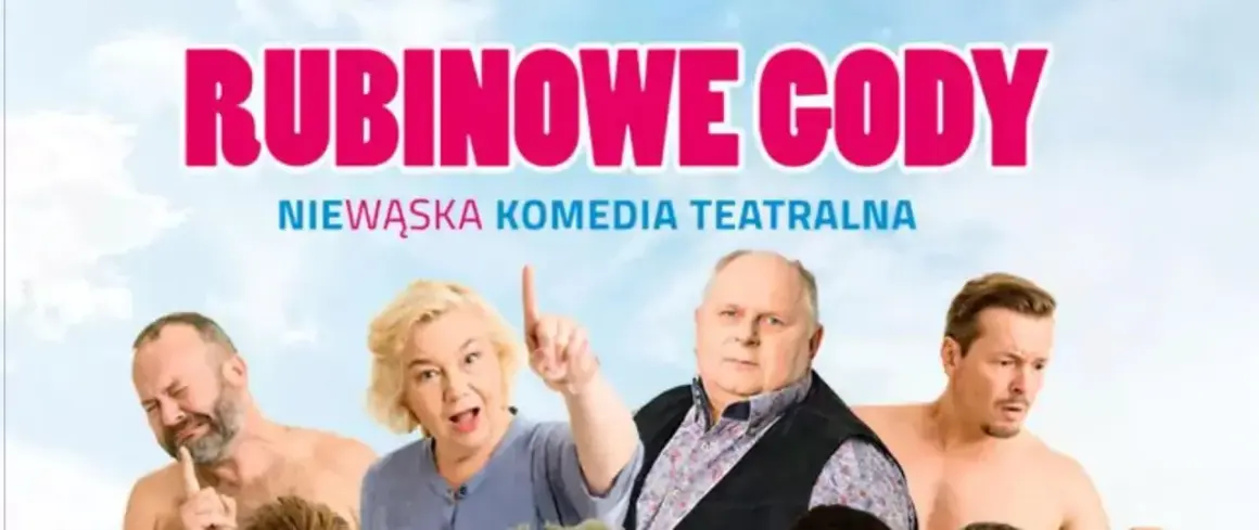 Plakat teatralny "Rubinowe Gody" z czterema aktorami i napisem "Niewąska komedia teatralna".